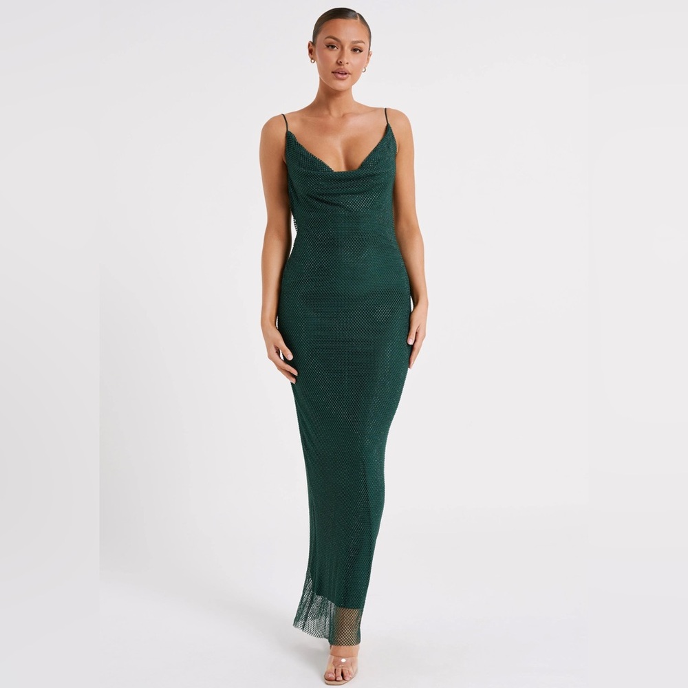 Meshki Madeline Diamante Mesh Cowl Maxi Dress - Emerald